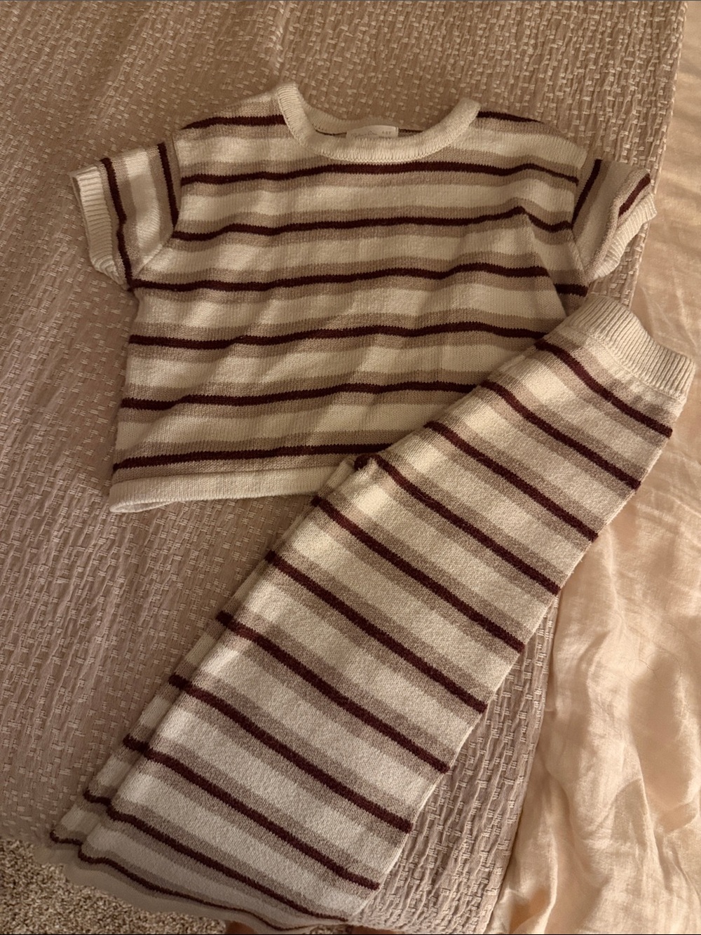 Rylee + Cru Cream and Burgundy Striped Kids Matching Set